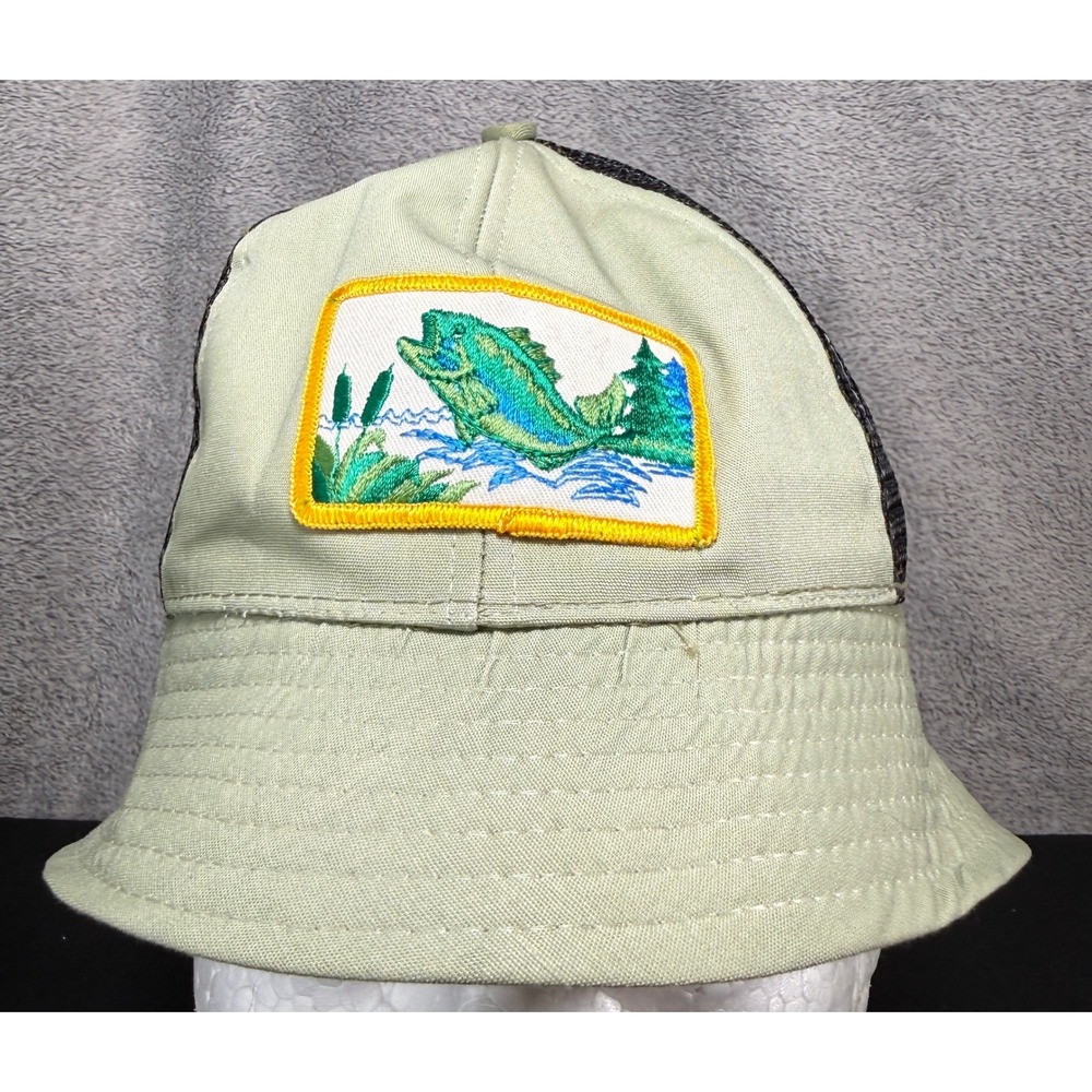 Unbranded Fishing Bucket Hat Mens Medium Green Bass Patch Vintage USA
